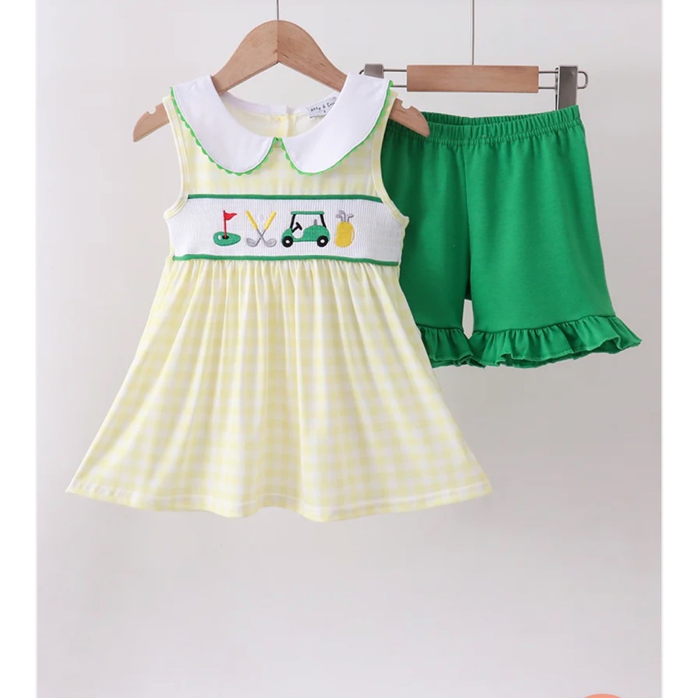 Smocked Golf Masters Yellow Gingham Dress Green Ruffle Shorts Girls 3T NWT